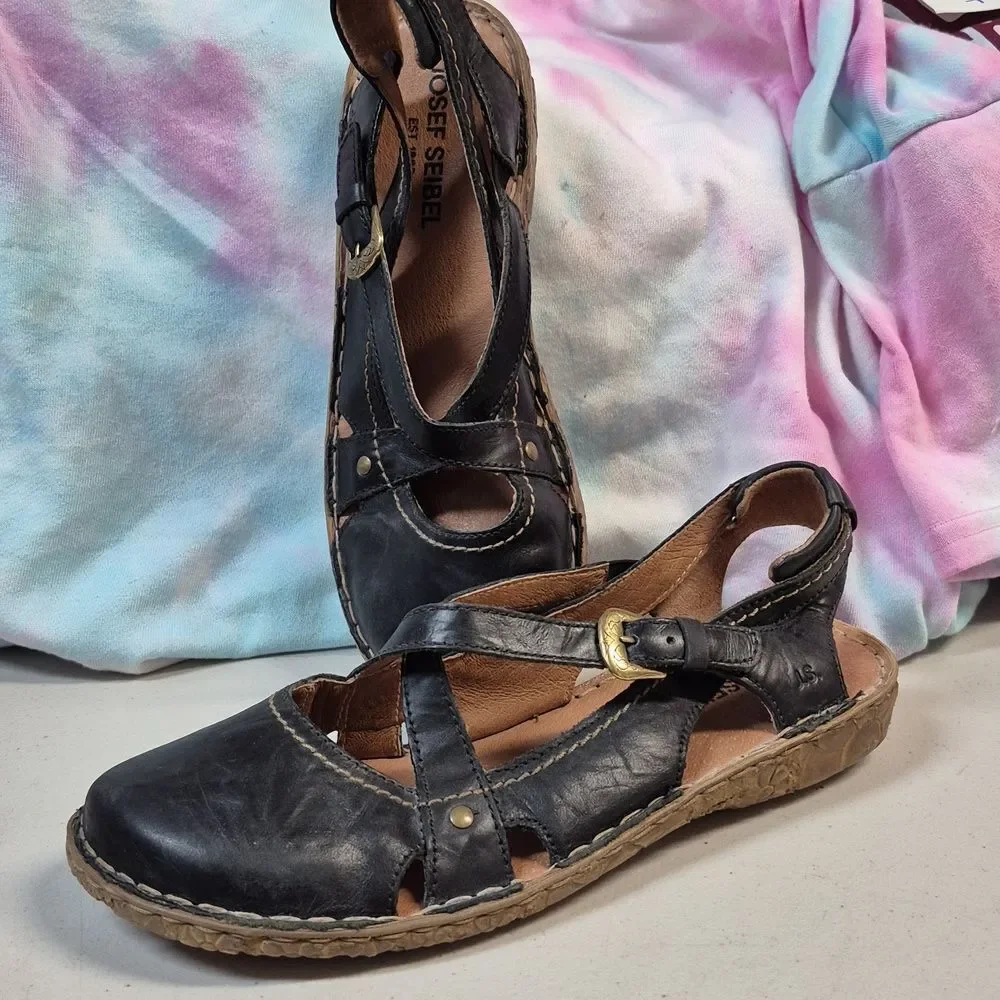 Josef Seibel Size 40 Black Leather Mary Jane Flats New